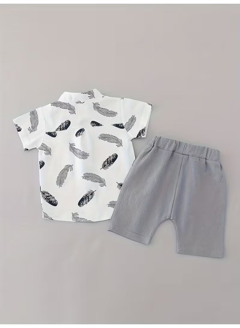 Youngsters' Summer Feather Print Set - White Short Sleeve Shirt with Black Feathers & Grey Shorts - Casual 2-Piece Outdoor Playwear - Image 2
